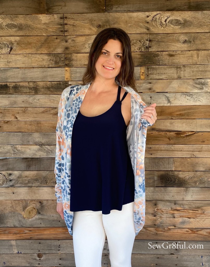 ombre leopard print Oakley patterns for pirates cocoon cardigan and Navy ITY So sew English Fabrics cocoon cardigan 